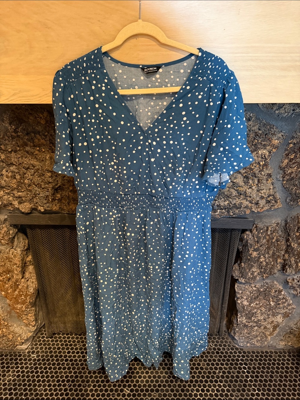 a new day Blue Polka Dot V-Neck Smocked-Waist Dress